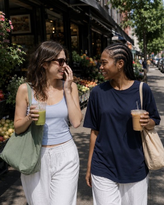 Two friends strolling together with iced coffees